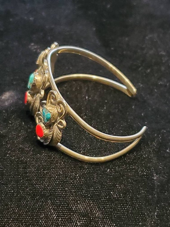 Vintage Mexican Silver Tone Turquoise Coral Cuff … - image 6