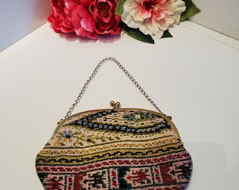 Vintage Boho Tapestry Style Kiss Clasp Purse, Woven Boho Style Hand Purse, Abstract Design Tapestry Clutch Purse, Modern Boho Hand Purse