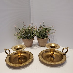 Vintage Brass Chamber Candlestick Holders, French Style, Brass Decor, Taper Candle Holders, Bedside Candle Holder, Finger Hole Candle Holder