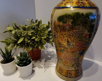 Vintage Ceramic Floral Birds Satsuma Vase, Oriental Chinese 12" Vase, Hand Painted, Asian Oriental Decor, Chinese Style, Vintage Satsuma