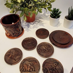 Vintage Eisenholz Elefant Nashorn Untersetzer, 6er-Set mit Halter und Deckel, handgeschnitztes, afrikanisches Holzuntersetzer-Set, afrikanisches Dekor, Safari-Dekor