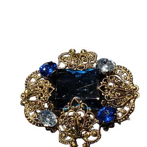Vintage Prong Set Filigree Blue Rhinestone Brooch, Victorian Style Brooch, Blue Rhinestone Cabachon Filigree Brooch, Royal Blue Rhinestone