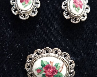 Vintage Petit Point Rose Brooche And Clip On Earring Set, Silver Tone, Hand Stitched, Petit Point Jewelry, Rose Jewelry, Old Costume Jewelry