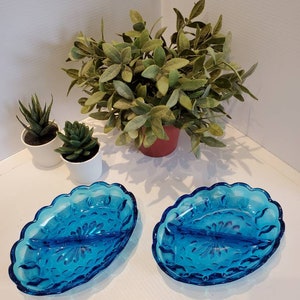 Vintage Blue Glass Divided Dish, Condiment, Mid Century Glassware, Vintage Glass Serving Plates, Blue Glass Dishes, 70s Glass Kitchenware