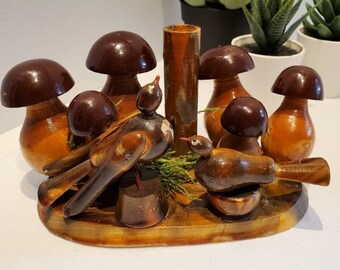 Vintage Wooden Folk Mushroom And Bird Sculpture, Hand Crafted Woodland Sculpture, Rustic Wood Art, Wooden Folk Art, Cabin Decor, Cottage