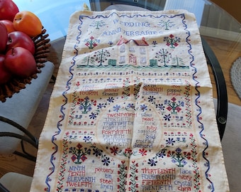 Vintage Wedding Anniversaries Linen Tea Towel, Irish Linen, Wedding Anniversary Years Kitchen Towel, Old Tea Towel, Wedding Giftware