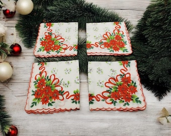 Vintage Christmas Poinsetta Set Of Four Napkins, Christmas Linens, Christmas Table Decor, Holiday Napkins, Holiday Linens, Poinsetta linens