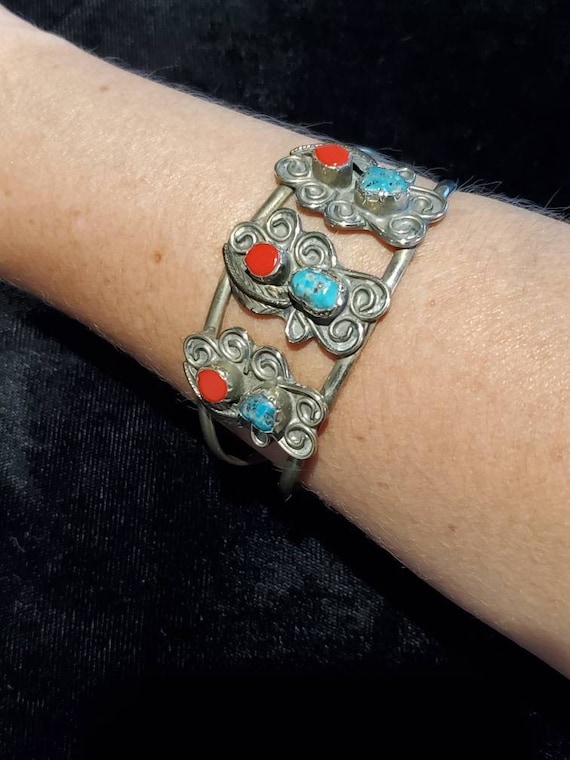 Vintage Mexican Silver Tone Turquoise Coral Cuff B