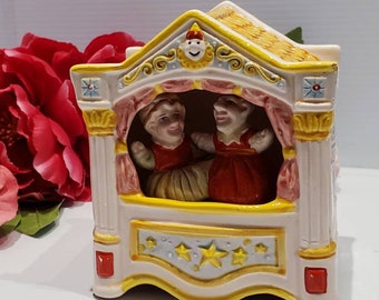 Vintage Ceramic Puppet Show Music Box, Howard Kaplan Decorative Moving Puppet House, Wind Up Moving Puppet Show, Musical Puppet Ornament