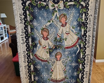 Vintage Crown Craft Woven Christmas Angel Blanket, Angel Linen, Woven Angel Wrap, Country Angel Throw, Christmas Decor, Angel Giftware