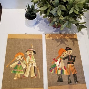 Vintage Jute Stroh Menschen Bilder, Volkskunst, Boho, circa 70er Jahre, Mid Century Wanddekoration, Deutsch, Indeginious, schließlich ist es eine kleine Welt,