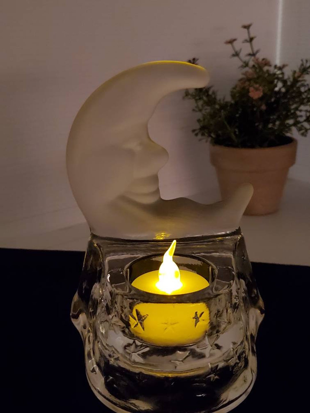 Vintage Clear Frosted Glass Moon and Stars Tealight Holder, Moon Candle