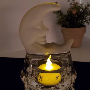 Vintage Clear Frosted Glass Moon And Stars Tealight Holder, Moon Candle Holder, Celestial Decor, Celestial Tealight Holder, Celestial Gifts