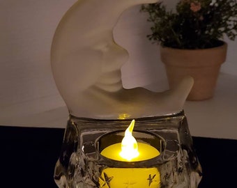 Vintage Clear Frosted Glass Moon And Stars Tealight Holder, Moon Candle Holder, Celestial Decor, Celestial Tealight Holder, Celestial Gifts