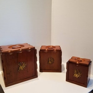 Vintage Wood Brass Rooster Nesting Cannister Set, 3 Cannister Set, Mid Century,  Kitchen Storage, Kitchen Cannisters, Boho, 70s Kitchen