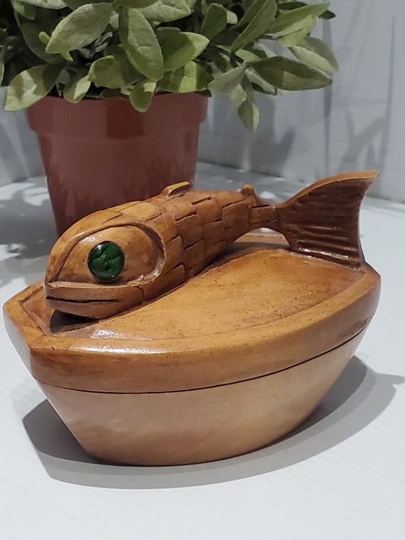 Vintage Wood Abalone Trinket Box, Hand Carved Fish
