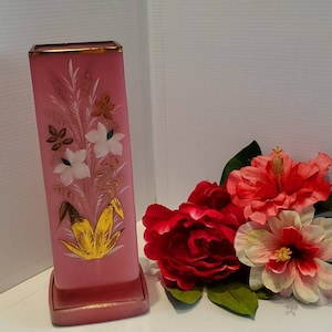 Antique Bristol Pink Glass Gold Gilt Floral Vase, Pink Glass Victorian Floral Vase, Punk Satin Bristol Vase, Handpainted Floral Vase