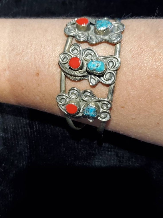 Vintage Mexican Silver Tone Turquoise Coral Cuff … - image 10