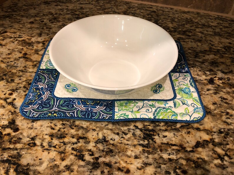 plants table d\u00e9cor Blue pet dishes teal and Green Paisley reversible mat for pans candles food