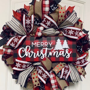 Christmas wreath; farmhouse front door wreath; burlap; Christmas trees, buffalo plaid; snowflakes; merry Christmas; gift