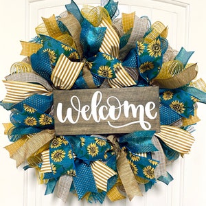 Wreath Sunflower welcome wreath farmhouse front door wreath deco mesh teal and yellow floral housewarming fall gift image 1