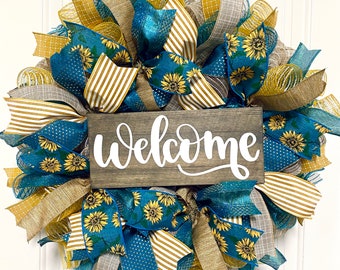 Wreath; Sunflower welcome wreath; farmhouse; front door wreath; deco mesh; teal and yellow; floral; housewarming; fall; gift