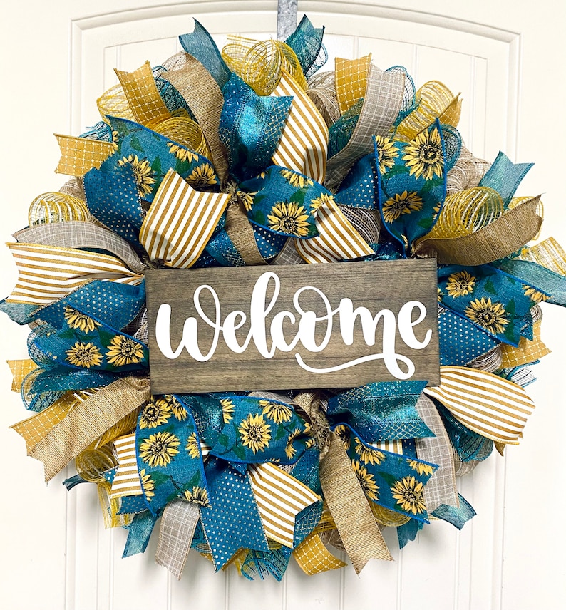 Wreath Sunflower welcome wreath farmhouse front door wreath deco mesh teal and yellow floral housewarming fall gift image 1