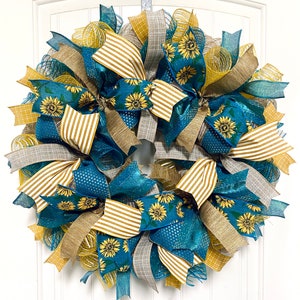 Wreath Sunflower welcome wreath farmhouse front door wreath deco mesh teal and yellow floral housewarming fall gift image 7