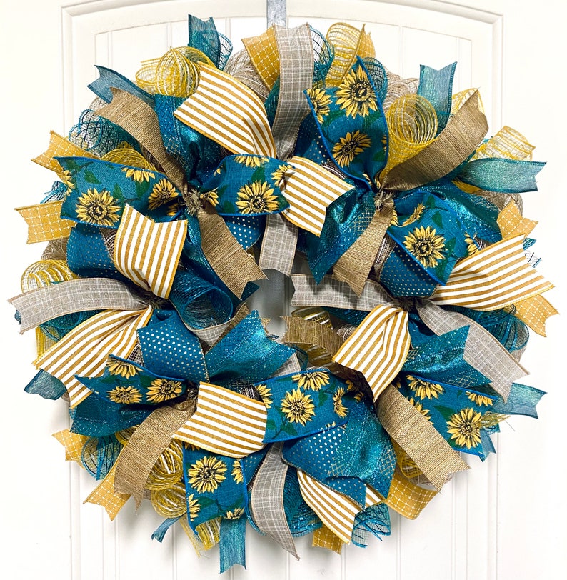 Wreath Sunflower welcome wreath farmhouse front door wreath deco mesh teal and yellow floral housewarming fall gift image 7