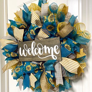 Wreath Sunflower welcome wreath farmhouse front door wreath deco mesh teal and yellow floral housewarming fall gift image 3