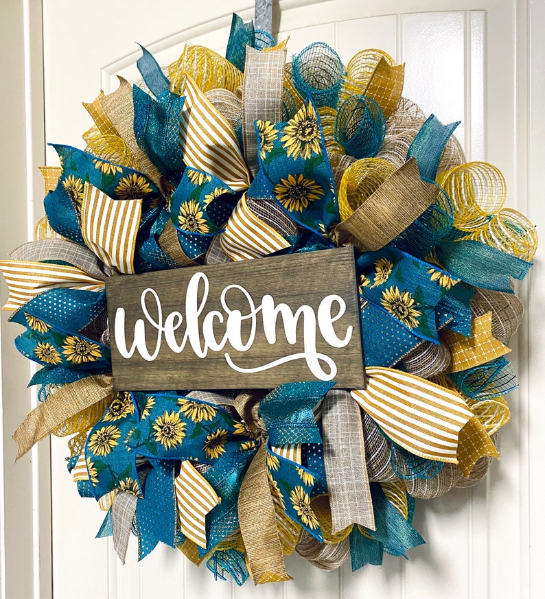 Wreath Sunflower welcome wreath farmhouse front door wreath deco mesh teal and yellow floral housewarming fall gift image 3