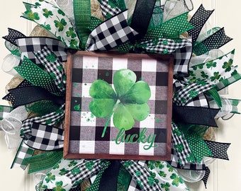 Lucky clover Saint Patrick’s Day wreath; farmhouse deco mesh wreath; front door welcome wreath; Irish