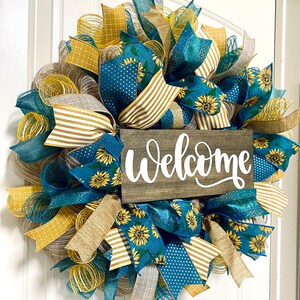 Wreath Sunflower welcome wreath farmhouse front door wreath deco mesh teal and yellow floral housewarming fall gift image 2