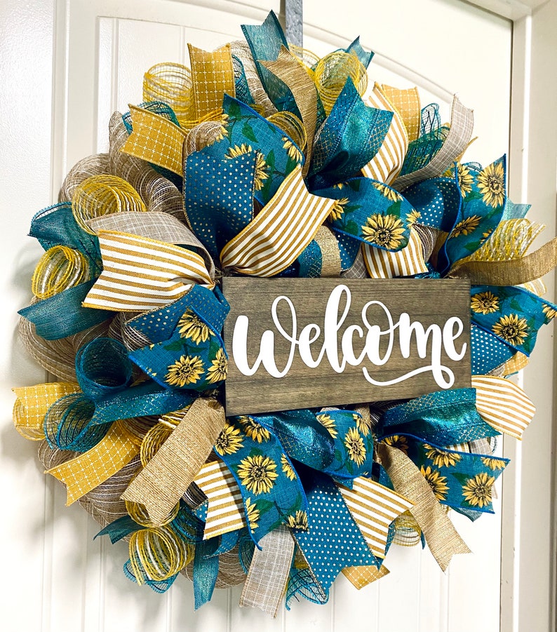 Wreath Sunflower welcome wreath farmhouse front door wreath deco mesh teal and yellow floral housewarming fall gift image 2