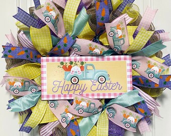 Easter wreath; happy Easter; bunny; carrots; farm truck; bunny tail; deco mesh; farmhouse front door wreath