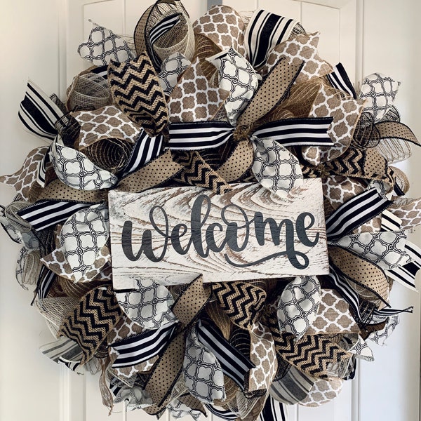 Wreath - Black and white farmhouse, burlap, welcome wreath; Front door deco mesh wreath; Stripes; Polka Dots; Housewarming; Gift; Fall