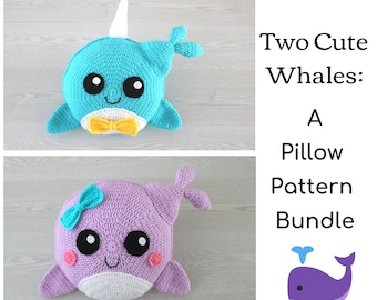 Crochet Pillow Pattern Bundle, Crochet Whale Pillow Pattern, Crochet Narwhal Pillow Pattern, Nursery Decor, INSTANT PDF DOWNLOAD