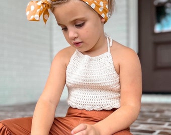 Fia Halter, Simple crochet halter top for little girls, One piece crochet top for toddler, dainty crochet pattern to make for baby