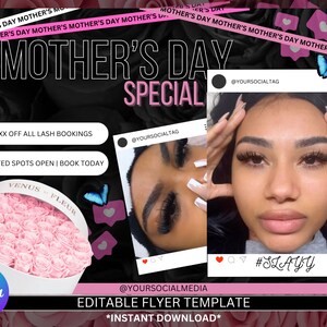 May include: A pink and white flower box with the words "Venus Fleur" on the front. The box is surrounded by pink roses and butterflies. The text "Mother's Day Special" is in large black letters at the top of the image. The text "$XX off all lash bookings" and "Limited spots open | Book today" are in white boxes. The text "#SLAYY" is in a pink box with a heart icon.