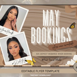 May Booking Flyer, Spring Booking Flyer, May Flyer, Canva Template, Book Now Appointments, Beauty, Lashes, Make up, Nails, Hair, wig install