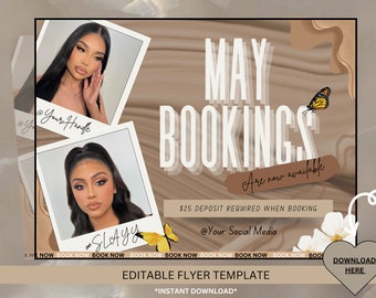 Mai-Buchungsflyer, Frühlings-Buchungsflyer, Mai-Flyer, Canva-Vorlage, Jetzt Termine buchen, Schönheit, Wimpern, Make-up, Nägel, Haare, Perückeninstallation