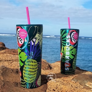 Starbucks Hawaii Collection Metal Tumbler Cold Cup 24Oz Stainless Palm Leaf Tropical Fruits Green Hawaii Exclusive