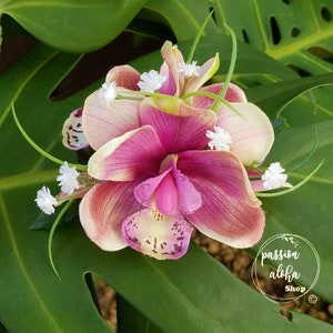 Triple Orchid Hair Clip, Tropical Hair Clip, Hawaiian Hair Clip, Silk Flower Hair clip, Bridal Hair Clip, Hula, bridal Headpiece, Aloha