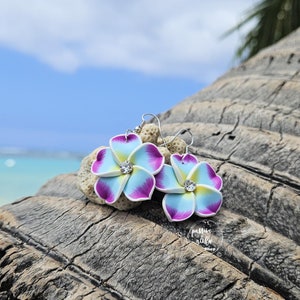 Plumeria Flower Earrings, Hawaiian Jewelry, Tropical Flower, Frangipani, Flower Jewelry, Rhinestone Earrings, Dangle Earrings, Hawaii
