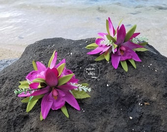 Triple Purple Orchid Hair Clip, Silk Flower Hair Clip, Hawaiian Flower Hair Clip, Tropical Hair Clip, Flower Fascinators, Bridal Headpiece