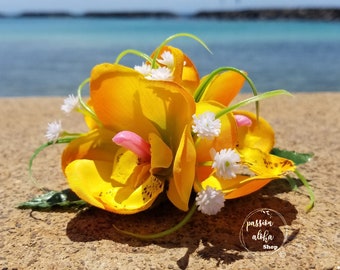 Orchid Hair Clip, Hawaiian Flower Hair clip, Tropical Hair Clip, Silk Flower, Flower Fascinator, Beach Wedding, Bridal Headpiece, Yellow