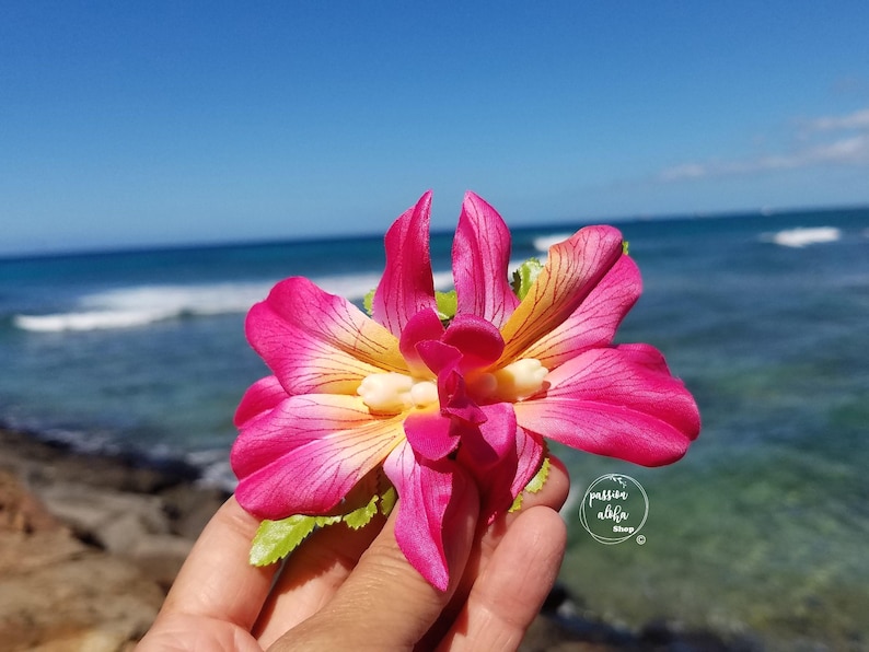 Double Orchid Hair Clip, Tropical Hair Clip, Hawaiian Flower, Fascinator, Silk Flower Hair Clip, Bridal Hair Clip, Beach Party, Pink image 9