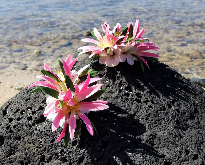 May include: Two pink and white flower hair clips with green leaves. The clips are on a black, textured rock.