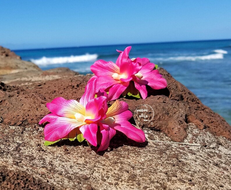 Double Orchid Hair Clip, Tropical Hair Clip, Hawaiian Flower, Fascinator, Silk Flower Hair Clip, Bridal Hair Clip, Beach Party, Pink image 7