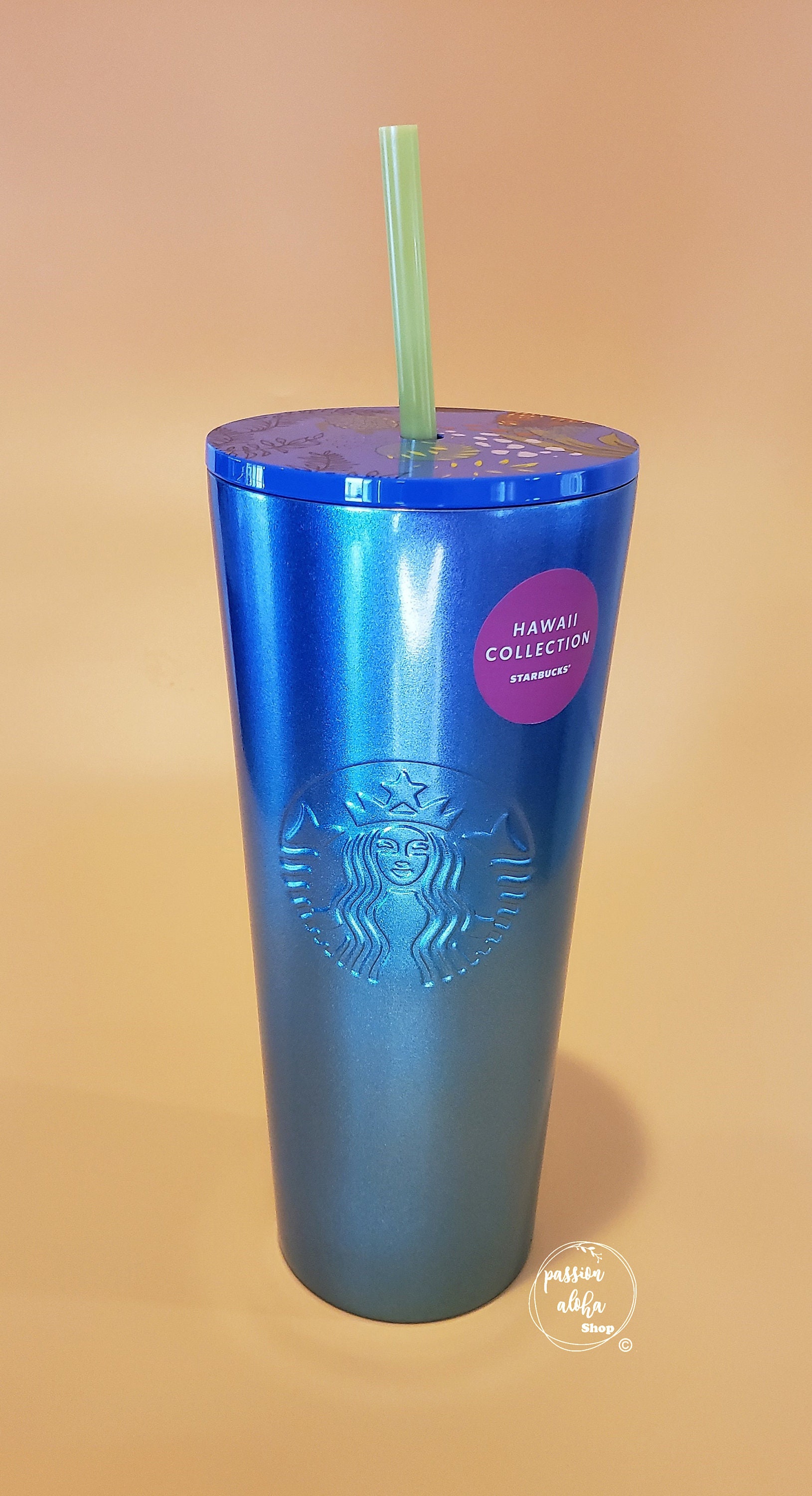 NEW Starbucks Hawaii Exclusive Blue Glass Tumbler Cup w/ Umbrella Grande 16  oz
